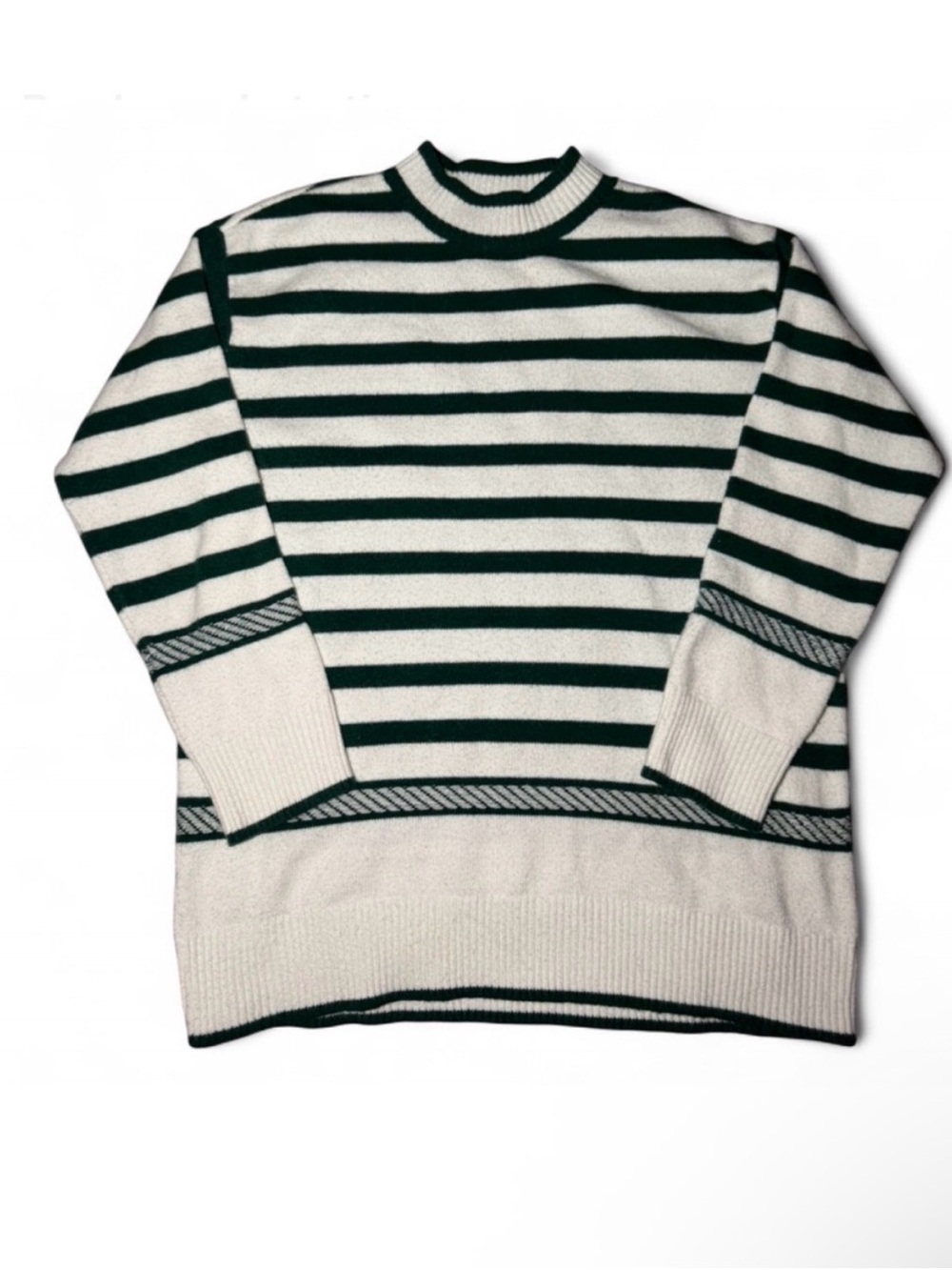 Ann Taylor green and white mock neck striped sweater Size L ☀️